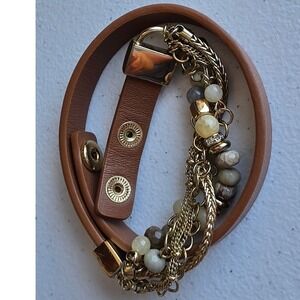 Womens Brown Faux Leather Multi-Strand Wrap Bracelet Gold Tone Chain Stone Bead